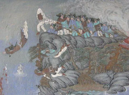 Goransa temple mural of the three thousand court ladies leaping from Nakhwaam cliff