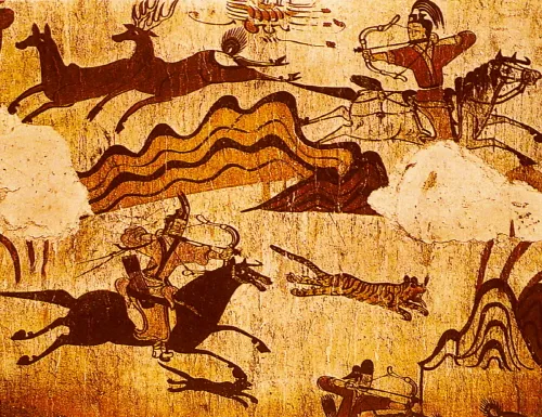 Goguryeo tomb mural of a mounted hunt