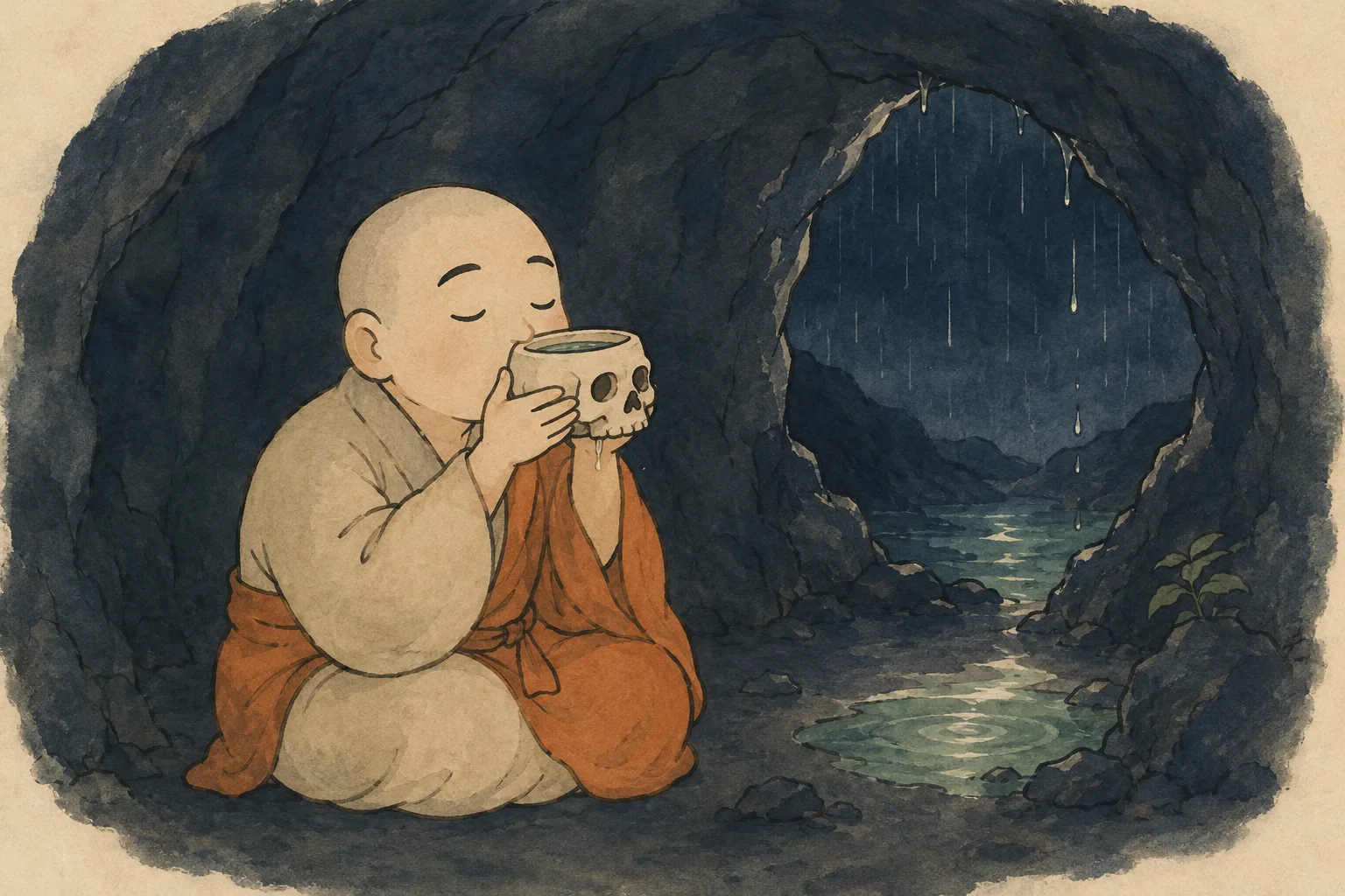 A cute illustration of the monk Wonhyo asleep in a dark cave, drinking water from a skull with his eyes closed