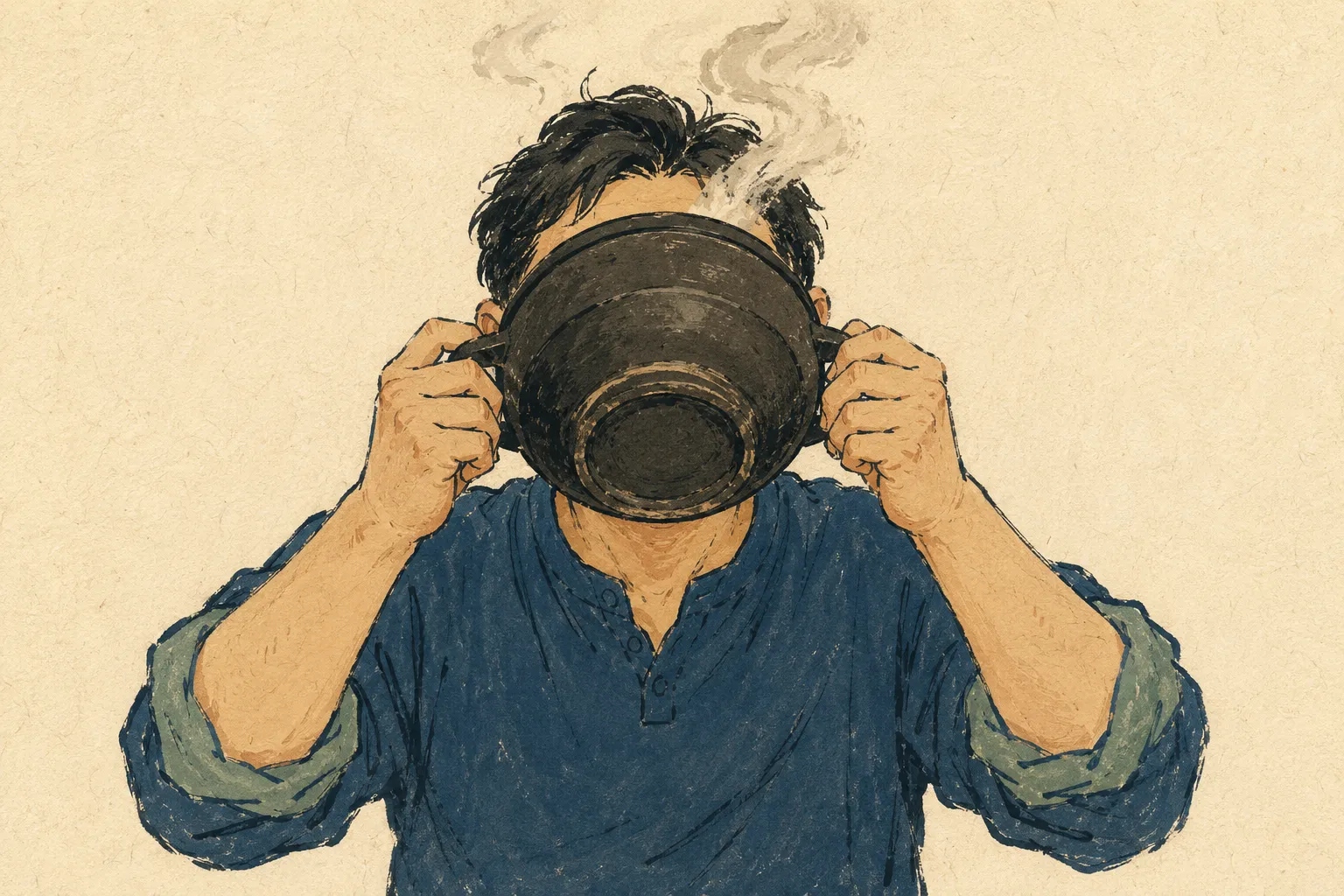 A person tipping a ttukbaegi back to drink gukbap, the bowl hiding their face